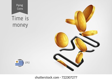 Hourglass icon with flying Uruguayan Peso coins, finance concept. Vector illustration for print, websites, web design, mobile app, infographics. 