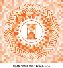 hourglass icon inside abstract emblem, orange mosaic background