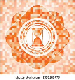 hourglass icon inside abstract emblem, orange mosaic background