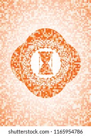 hourglass icon inside abstract orange mosaic emblem