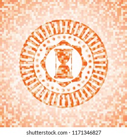 hourglass icon inside abstract orange mosaic emblem