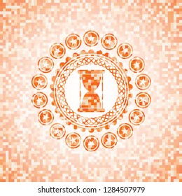 hourglass icon inside abstract orange mosaic emblem with background