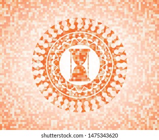 hourglass icon inside abstract orange mosaic emblem with background