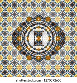 hourglass icon inside arabesque badge. arabic decoration.
