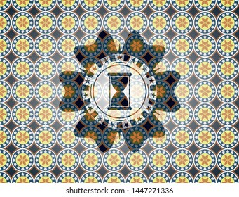 hourglass icon inside arabesque badge. arabic decoration.
