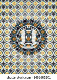 hourglass icon inside arabesque emblem background. arabic decoration.