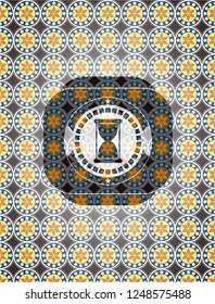 hourglass icon inside arabic emblem background. Arabesque decoration.