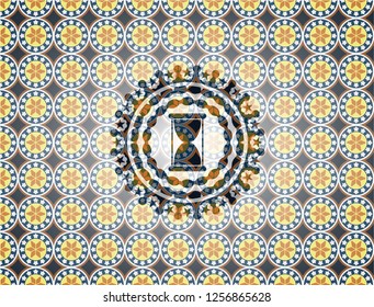 hourglass icon inside arabic emblem background. Arabesque decoration.