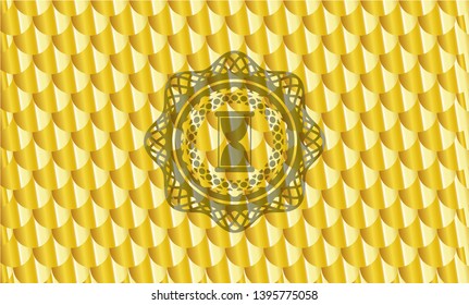 hourglass icon inside golden badge. Scales pattern. Vector Illustration. Detailed.