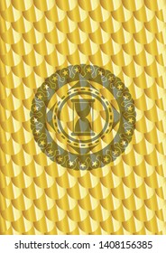 hourglass icon inside golden emblem or badge. Scales pattern. Vector Illustration. Detailed.