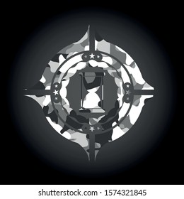 hourglass icon inside grey camo emblem