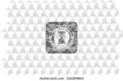 hourglass icon inside grey emblem. Retro with geometric cube white background