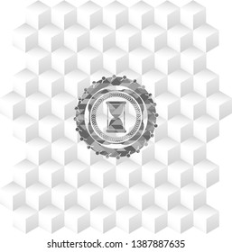 hourglass icon inside grey emblem with geometric cube white background