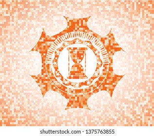 hourglass icon inside orange mosaic emblem with background