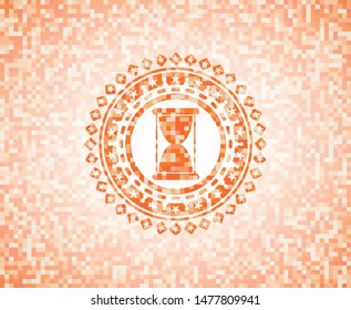 hourglass icon inside orange mosaic emblem with background