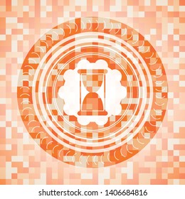 hourglass icon inside orange tile background illustration. Square geometric mosaic seamless pattern with emblem inside.