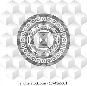 hourglass icon inside realistic grey emblem with cube white background