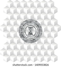 hourglass icon inside realistic grey emblem with geometric cube white background