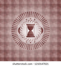 hourglass icon inside red emblem or badge with abstract geometric pattern background. Seamless.