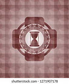 hourglass icon inside red emblem or badge with geometric pattern background. Seamless.