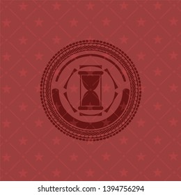 hourglass icon inside red emblem. Vintage.