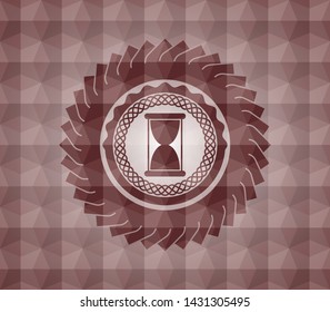 hourglass icon inside red emblem with geometric pattern. Seamless.