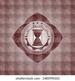 hourglass icon inside red polygonal badge. Seamless.