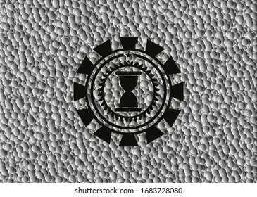 hourglass icon inside retro style black emblem with grey bubbles background. Vector Illustration. Detailed.