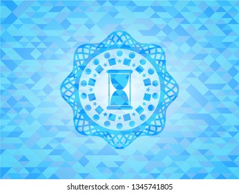 hourglass icon inside sky blue emblem with mosaic ecological style background