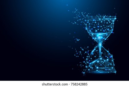 Hourglass icon from lines and triangles, point connecting network on blue background. Illustration vector