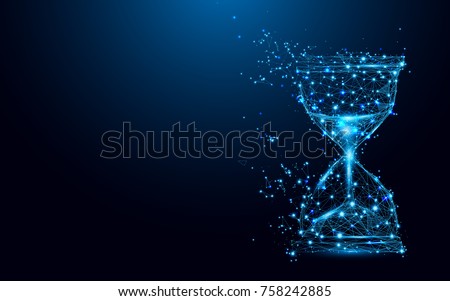 Hourglass icon from lines and triangles, point connecting network on blue background. Illustration vector