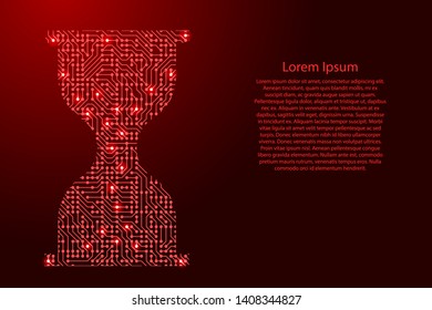 Hourglass icon from printed board, chip and radio component with red star space on the contour for banner, poster, greeting card. Computer electronics processor motherboard. Vector illustration. 