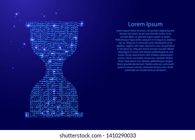 Hourglass icon from printed board, chip and radio component with blue star space on the contour for banner, poster, greeting card. Computer electronics processor motherboard. Vector illustration. 
