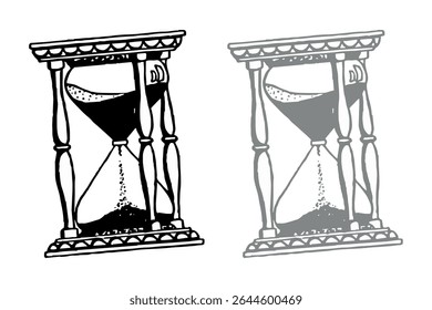 Hourglass icon. Sand watch, sandglass timer, sandglass, sand glyph sign.Doodle hourglass.Vector hand-drawn sandglass.Timer icon illustration isolated vector sign symbol element on black, gray and whit