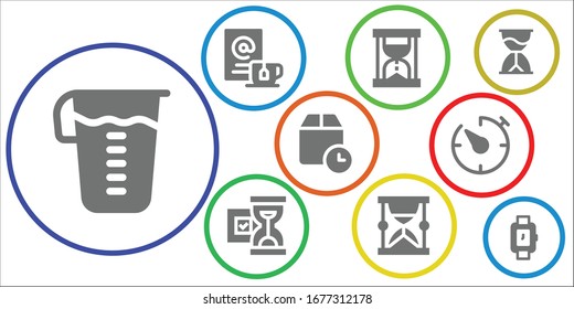 hourglass icon set. 9 filled hourglass icons.  Simple modern icons such as: Measuring glass, Wait, Hourglass, Wait time, Timer, Wristwatch