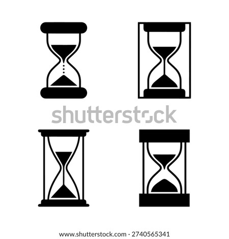 Hourglass icon set. Collection of sand timer and sandglass silhouettes. Time, deadline, and waiting concept symbols