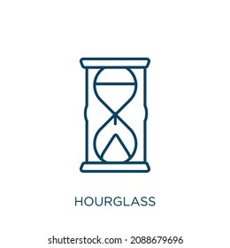 icono de cristal de la hora. Icono de contorno lineal de vidrio escaso aislado en fondo blanco. Signo de reloj de arena vectorial de línea, símbolo para web y móvil