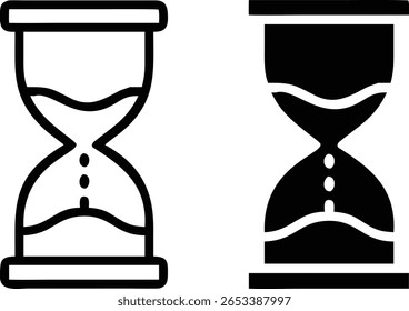 Vetor de ícone de ampulheta em contorno e estilo sólido representando o tempo, contagem regressiva e conceito de prazo