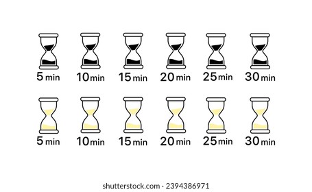 Hourglass icons. Silhouette, 5, 10, 15, 20, 25, 30 minutes hourglass. Vector icons