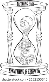 hourglass illustration with death and life transformation cycle.
