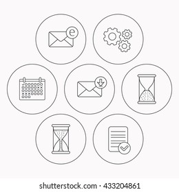 Hourglass, inbox mail and e-mail icons. Hourglass linear sign. Check file, calendar and cogwheel icons. Vector
