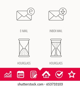 Hourglass, inbox mail and e-mail icons. Hourglass linear sign. Edit document, Calendar and Graph chart signs. Star, Check and House web icons. Vector