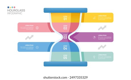 Hourglass Infographic 5 steps to success growth template. Business process. Vector illustration.