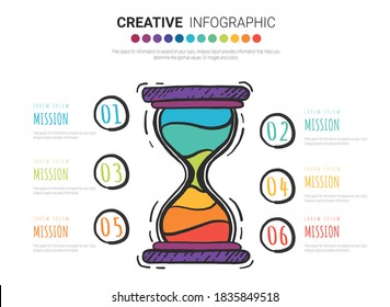 Hourglass infographic design for 6 step, vector and marketing icons can be use for business Presentation, Hand drawn line art cartoon concept.