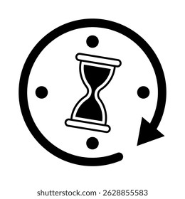 Hourglass Inside Circular Arrow Clock Icon Vector Illustration. Black and white vector illustration of a stylized clock icon with a circular arrow forming the outer frame.