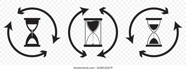 Hourglass linear icon in black. Simple sand clock or hour glass sign. Isolated on white background. Time, timer, countdown concept. Wait illustration. Design mobile, web, app, ui, ux. Vector EPS 10.