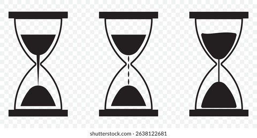 Hourglass linear icon in black. Simple sand clock or hour glass sign. Isolated on white background. Time, timer, countdown concept. Wait illustration. Design mobile, web, app, ui, ux. Vector EPS 10.