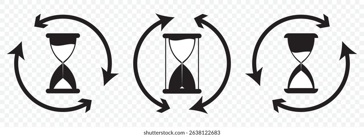 Hourglass linear icon in black. Simple sand clock or hour glass sign. Isolated on white background. Time, timer, countdown concept. Wait illustration. Design mobile, web, app, ui, ux. Vector EPS 10.