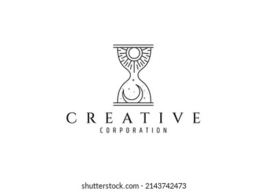 Hourglass logo with sun and moon inside inside. Day and night vector icon line art bohemian design style