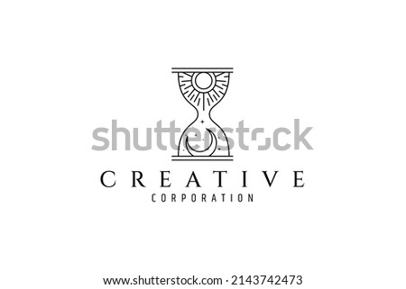 Hourglass logo with sun and moon inside inside. Day and night vector icon line art bohemian design style